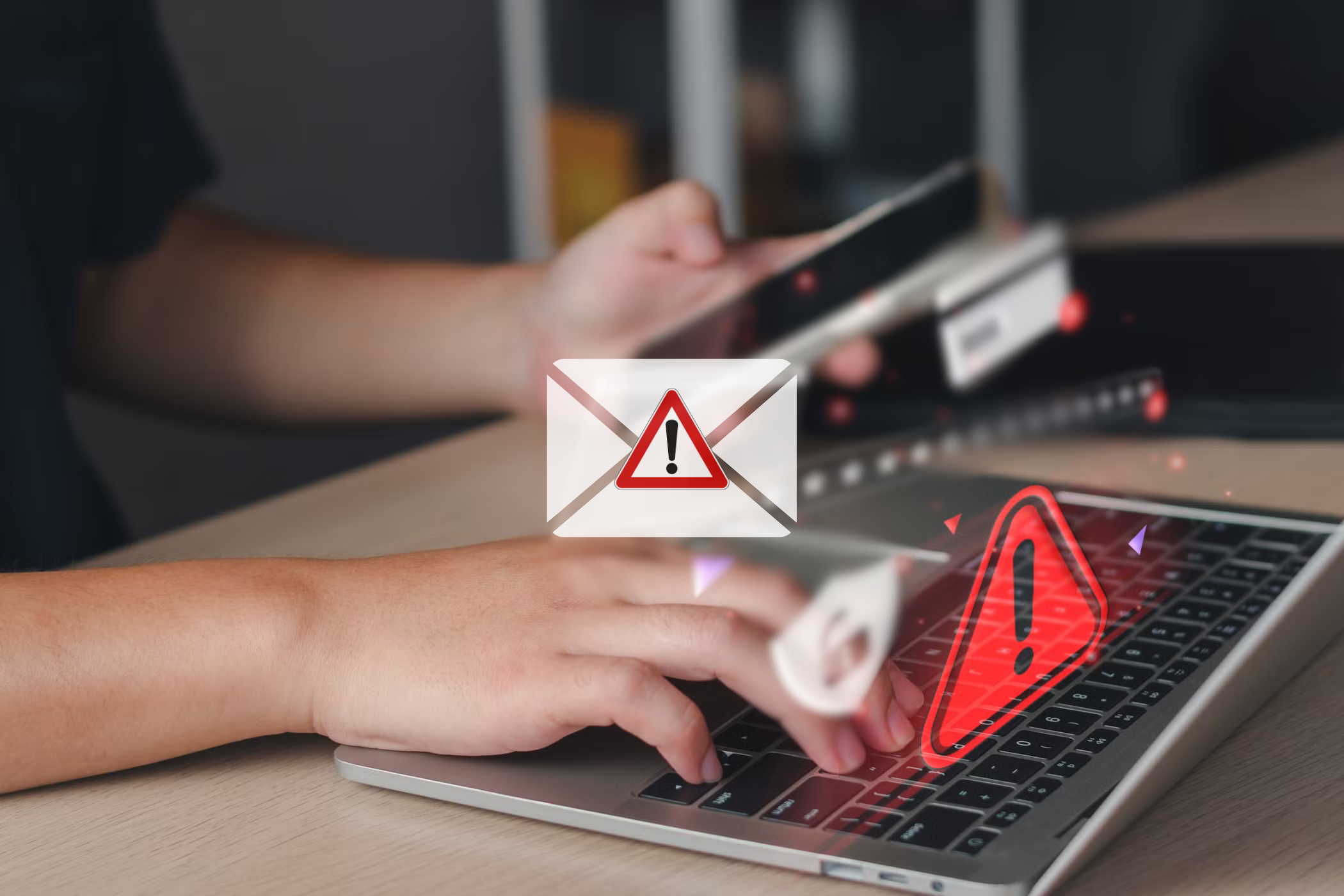 Phishing email icon with a person using a laptop and phone in background 