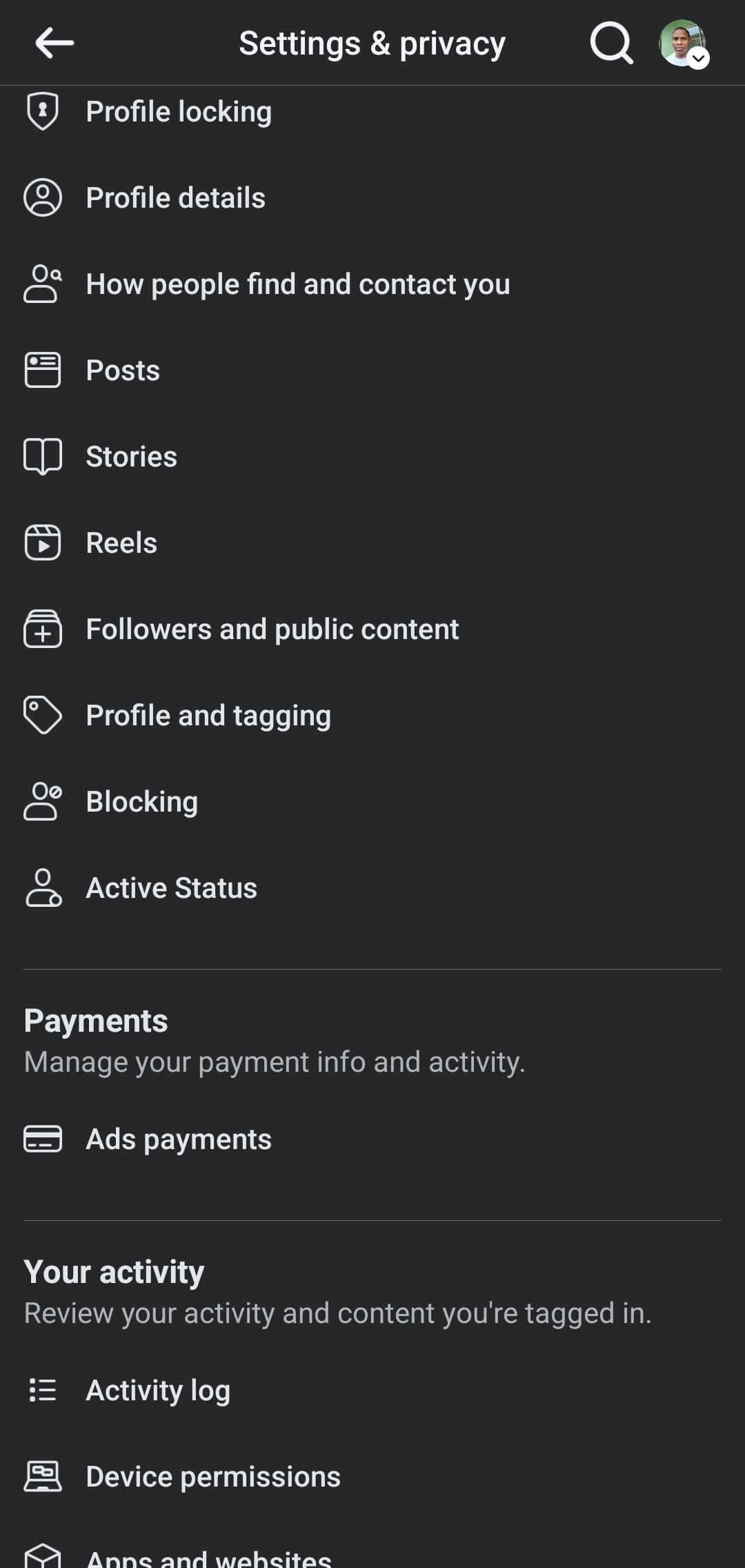 Facebook settings page on mobile