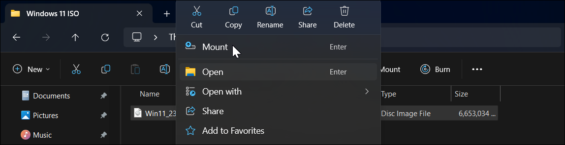 File Explorer context menu showing Mount option when right-clicked on an ISO Image