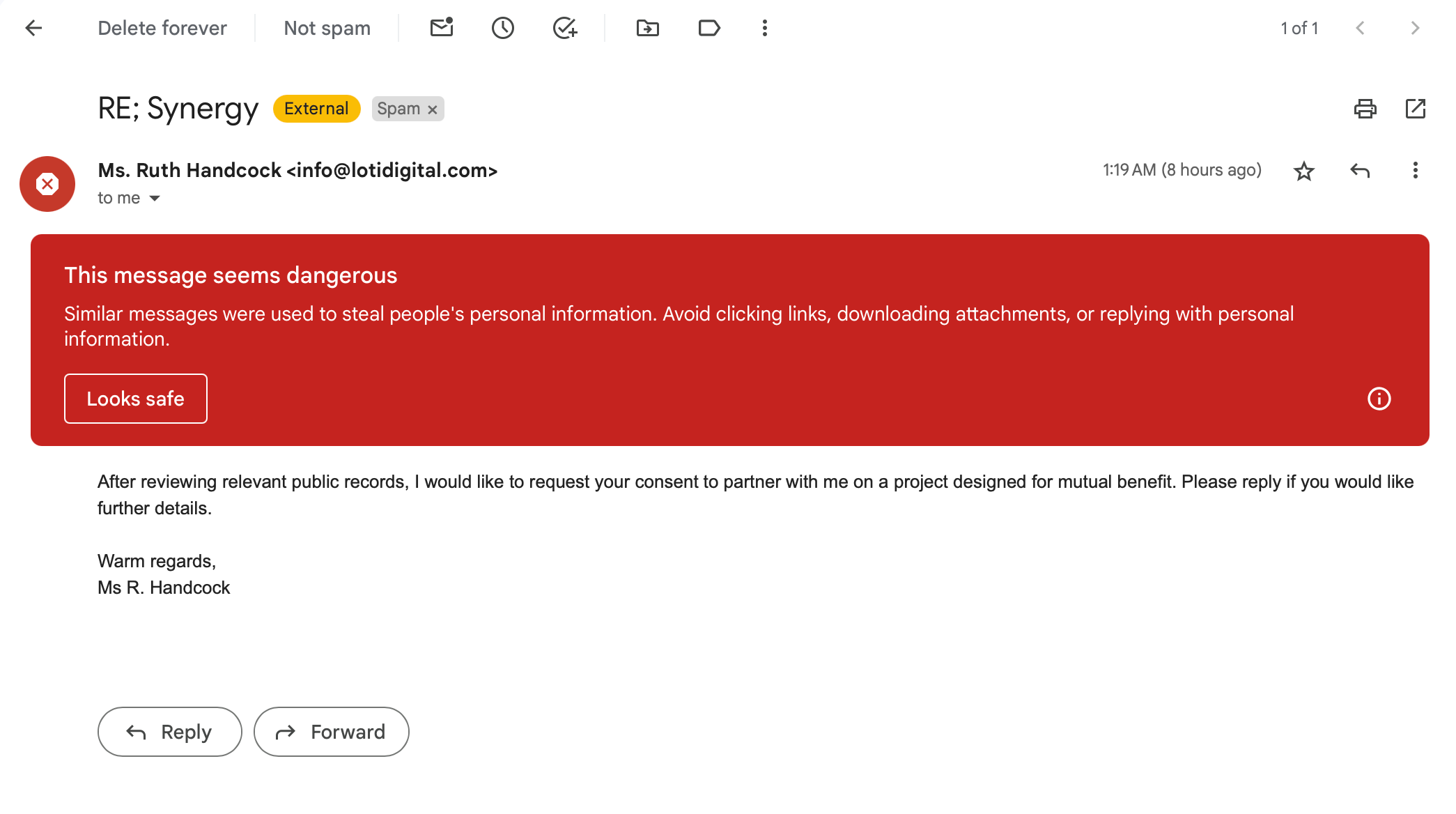 A "This Message Seems Dangerous" Warning in Gmail